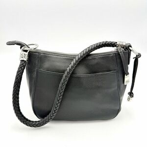 Brighton Black Leather Shoulder Bag Braided Strap Silver Heart Charm